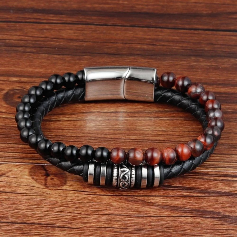 Natural Black Onyx Tiger's Eye Leather Braided Bracelet